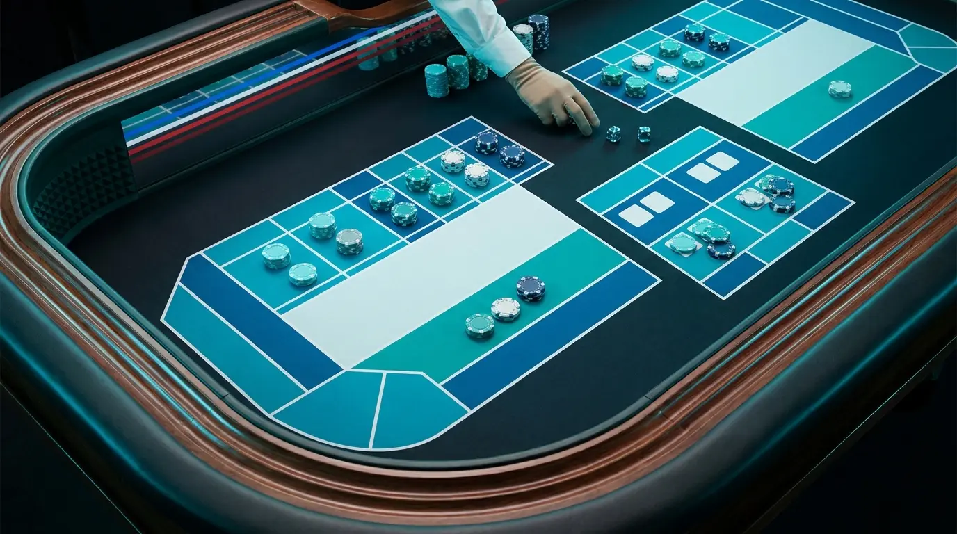 Vue aérienne d'une table de craps avec jetons colorés