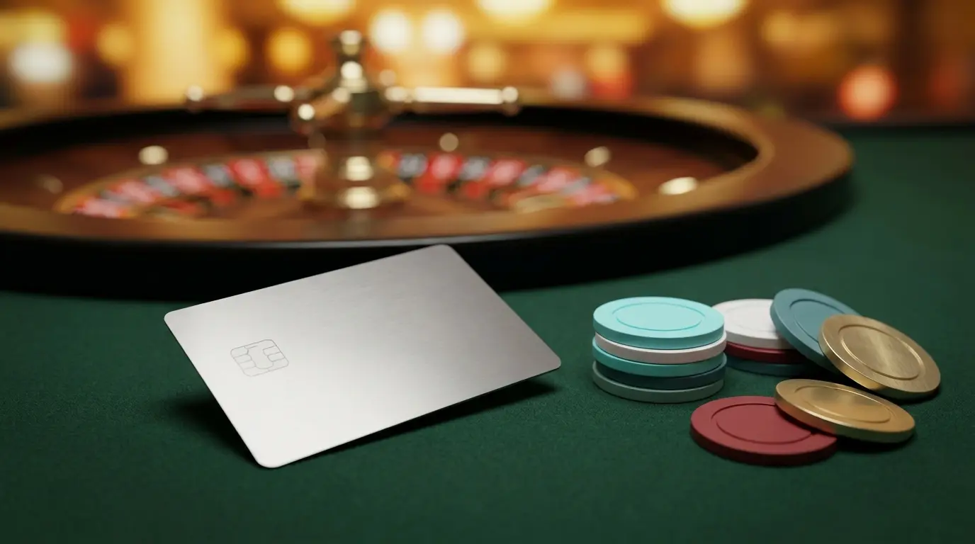 Carte bancaire sur tapis de casino avec jetons de poker