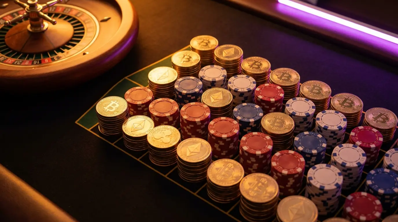 Pièces crypto dorées et jetons de casino sur feutre noir