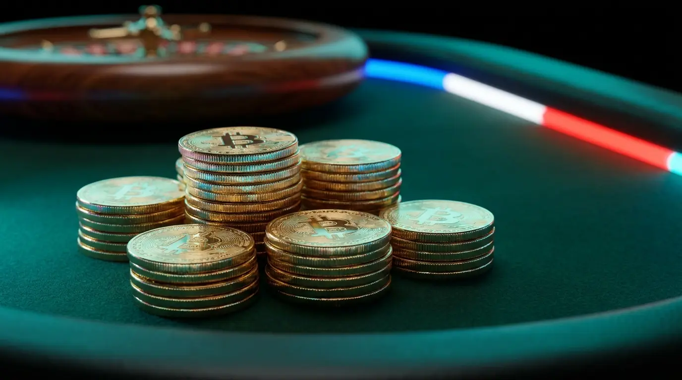 Pièces cryptomonnaie dorées sur table de casino aux couleurs françaises