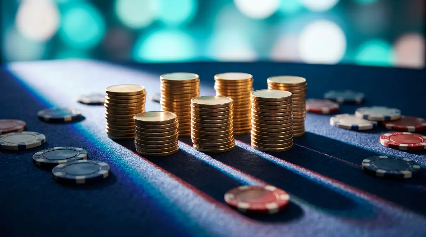 Pièces crypto dorées et jetons de casino aux couleurs françaises