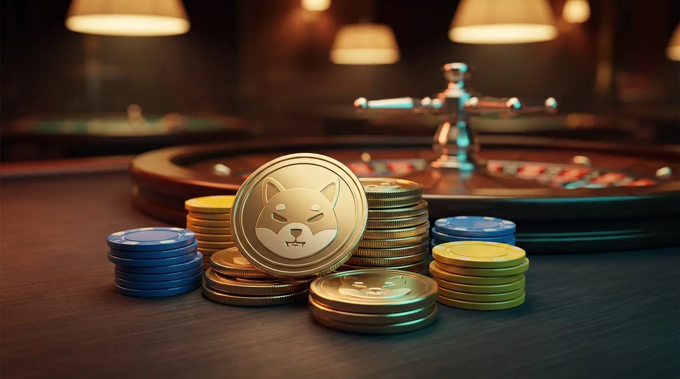 Pièces Dogecoin dorées et jetons de casino aux couleurs françaises