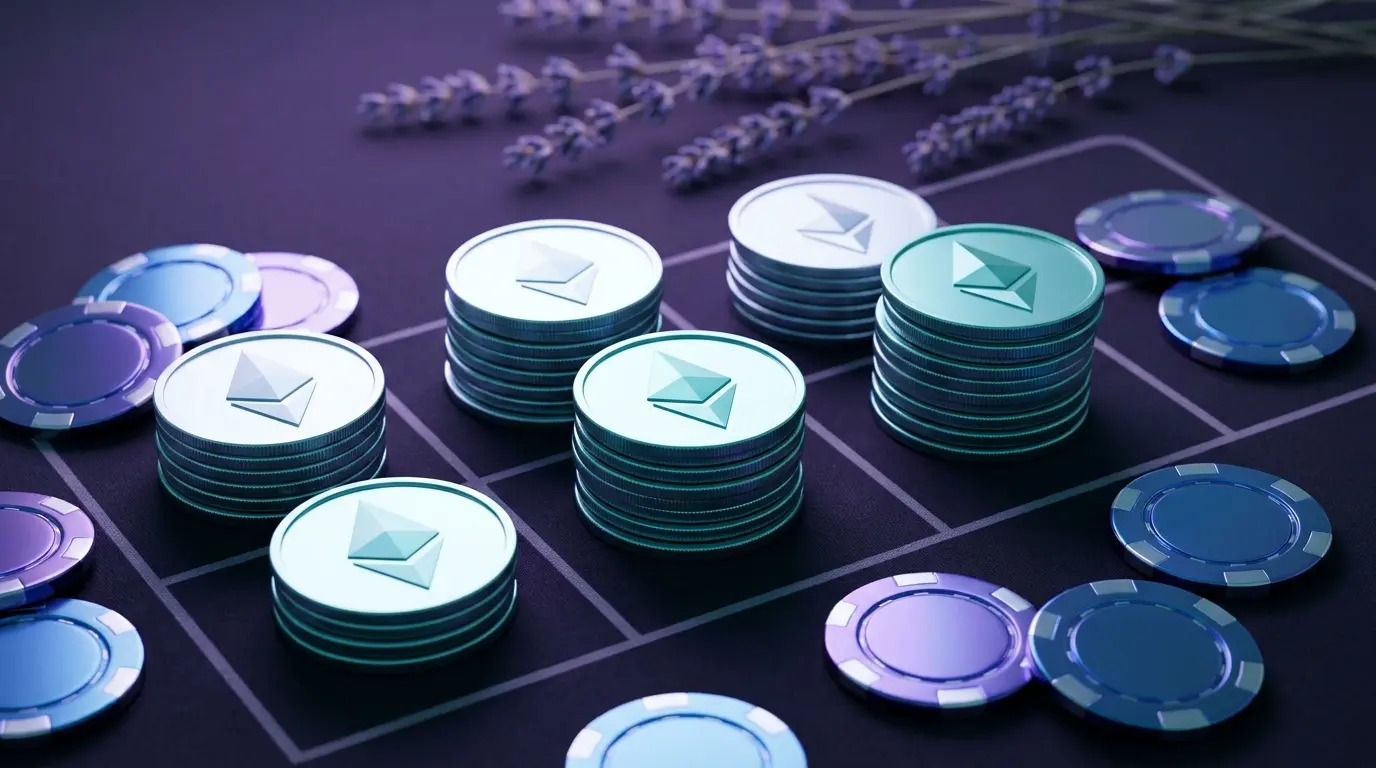 Pièces Ethereum et jetons de casino sur table de jeu luxueuse