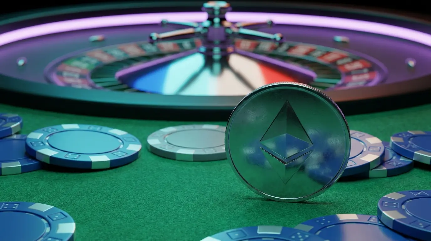 Pièce Ethereum sur table de casino avec jetons et roulette