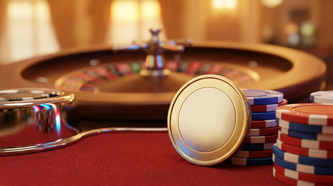 Pièce d'un euro avec jetons de casino sur tapis rouge