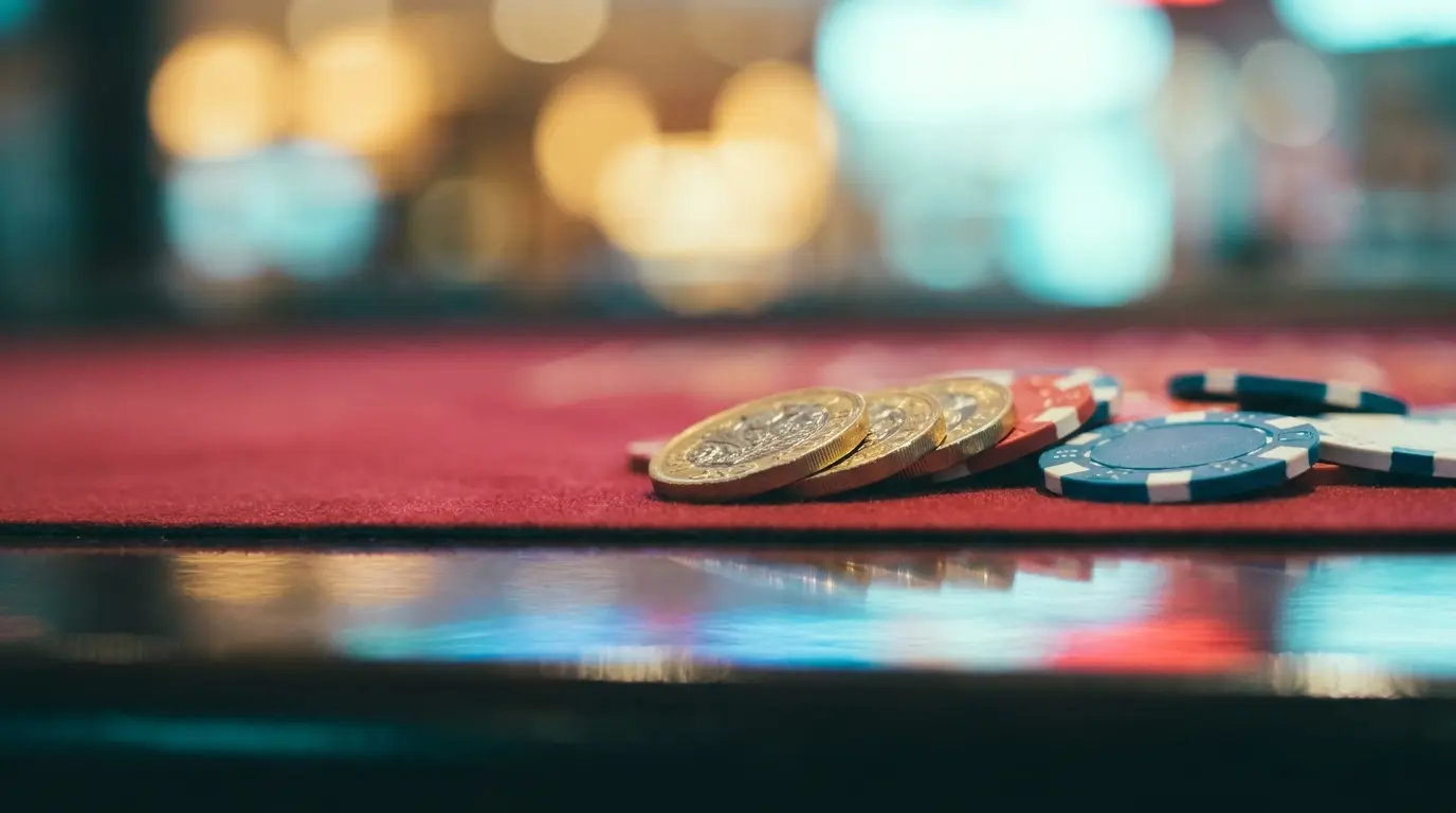 Pièces euros et jetons de casino sur tapis rouge
