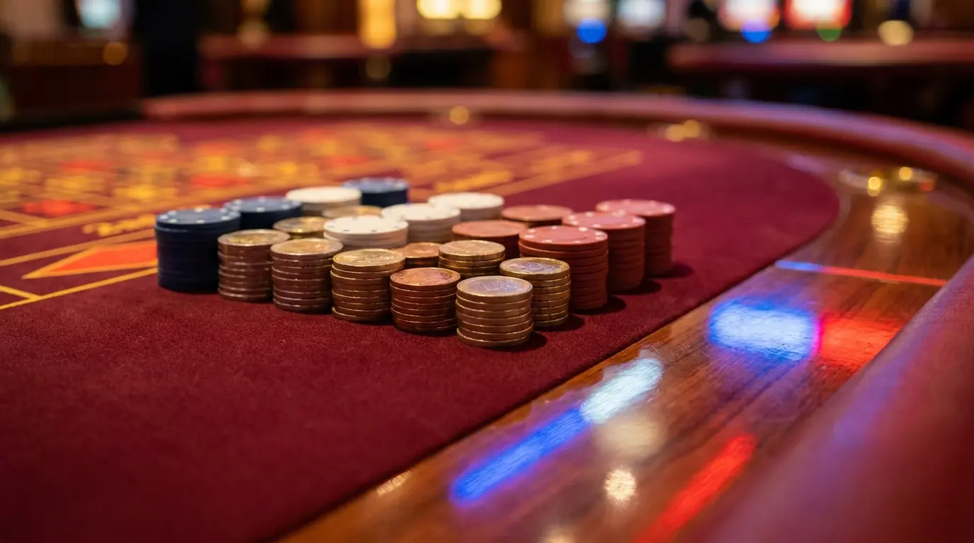 Pièces en euros et jetons de casino sur feutre rouge