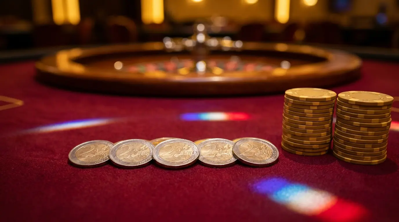 Pièces de 5 euros et jetons de casino sur feutre rouge