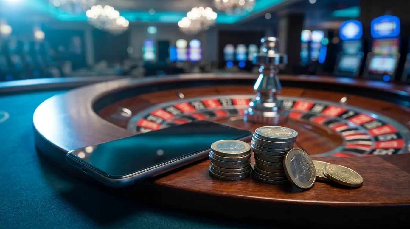 Pièces d'euro et téléphone sur table de roulette