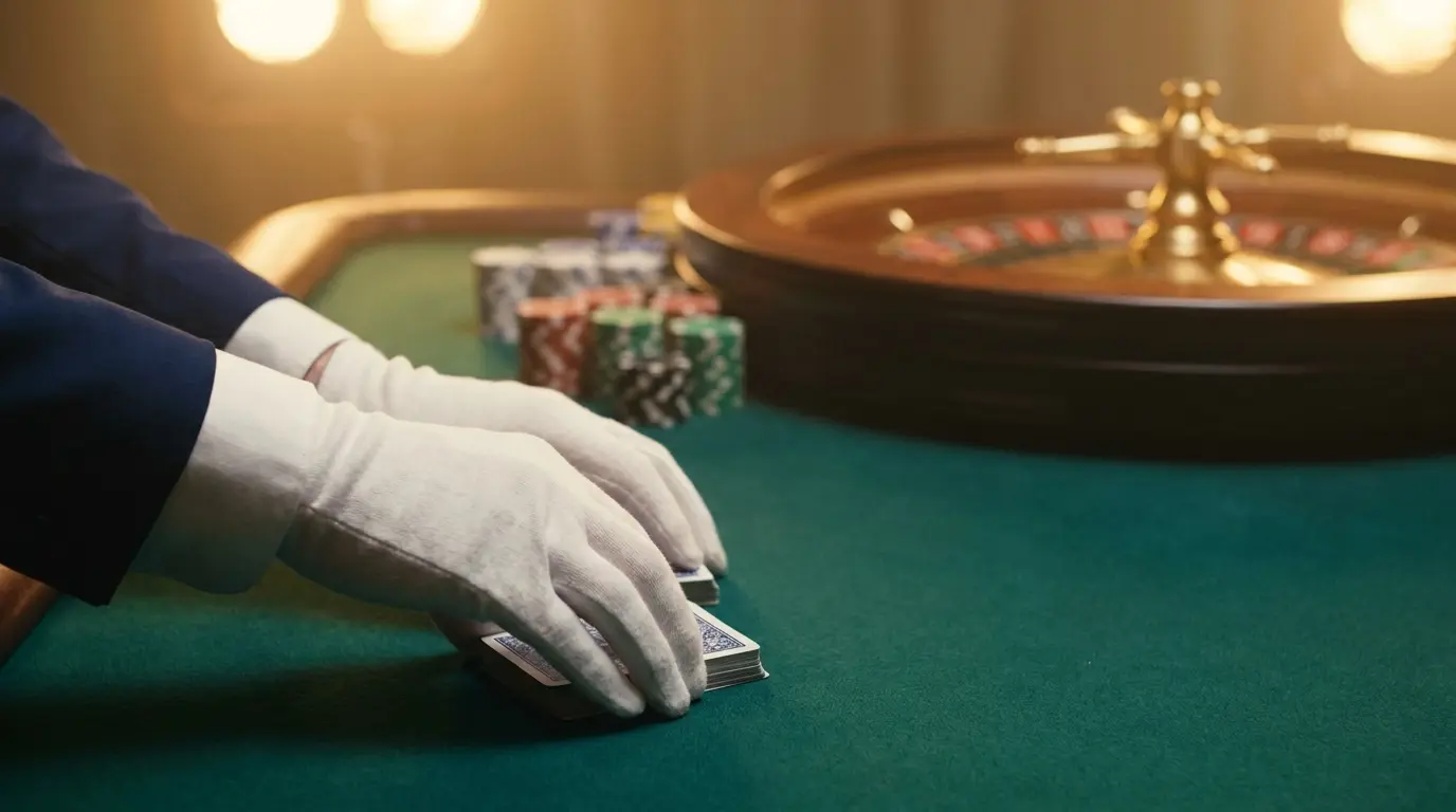 Table de casino avec croupier en direct et jetons