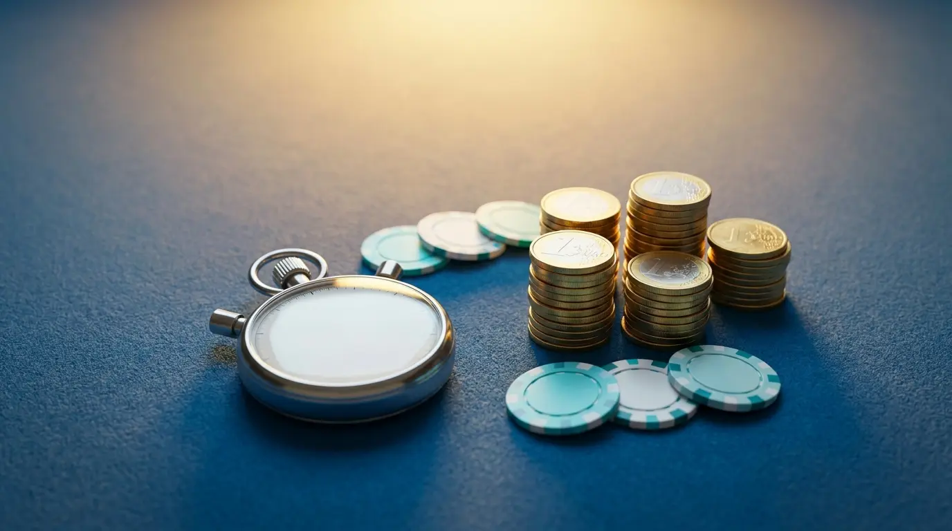 Pièces et jetons de casino avec chronomètre symbolisant retraits rapides