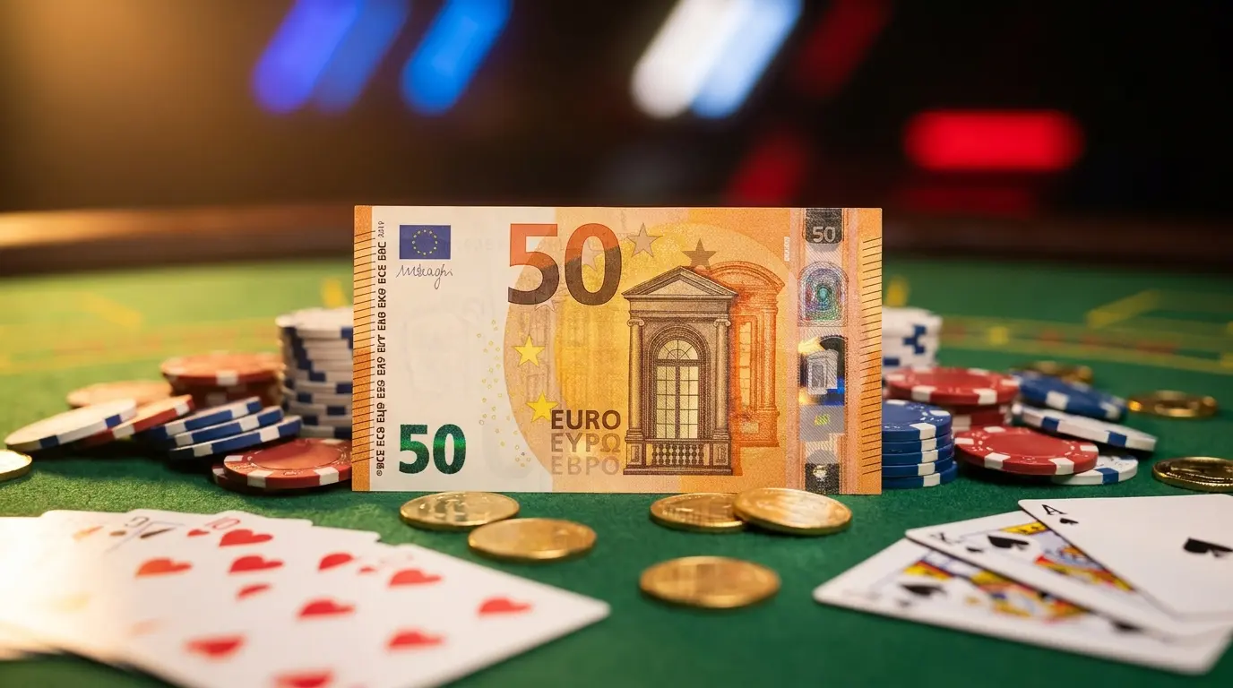 Billet de 50 euros avec jetons de casino sur table de jeu