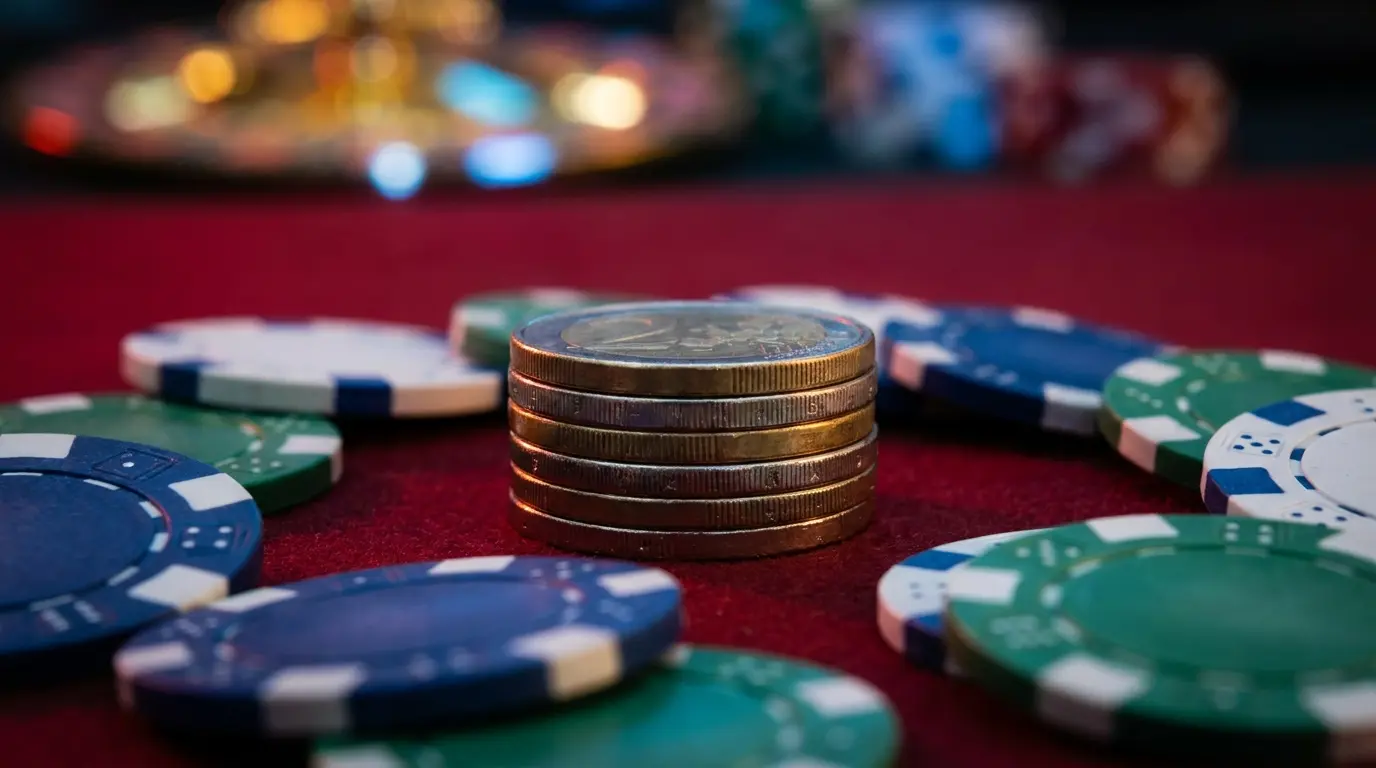 Pièces de 5 euros et jetons de casino sur tapis rouge