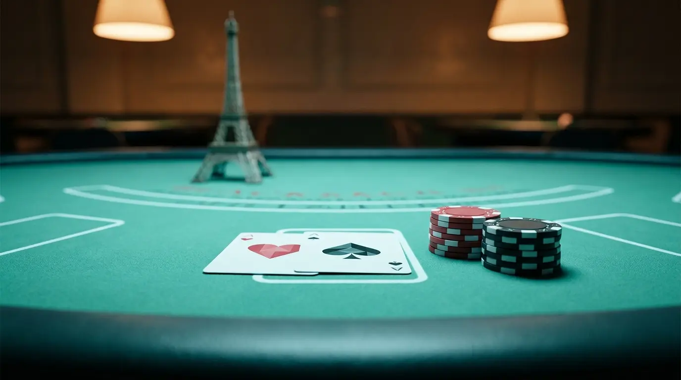 Table de blackjack avec jetons et miniature de la Tour Eiffel