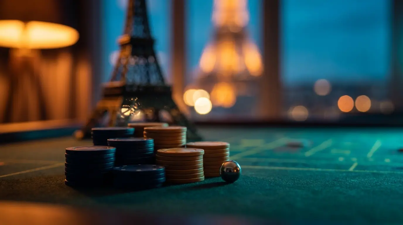 Jetons de casino avec Tour Eiffel floue en arrière-plan