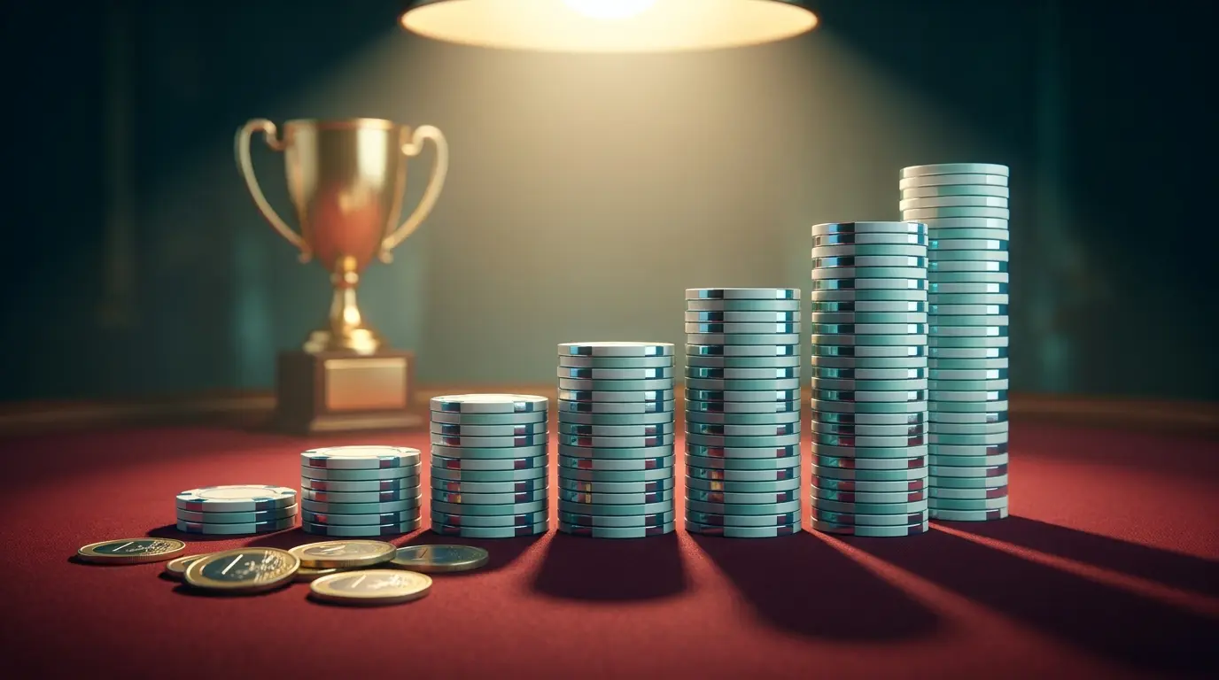 Jetons de casino empilés avec pièces d'euro sur feutre rouge