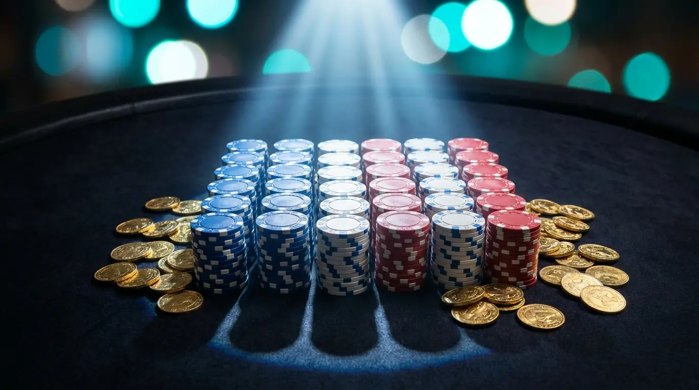 Jetons de casino et pièces d'or sur feutre avec couleurs françaises