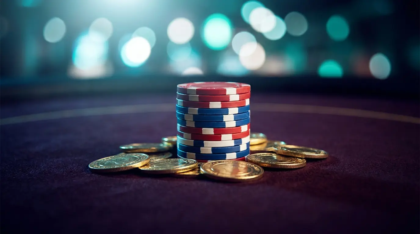 Jetons de casino empilés avec pièces d'or sur table de jeu