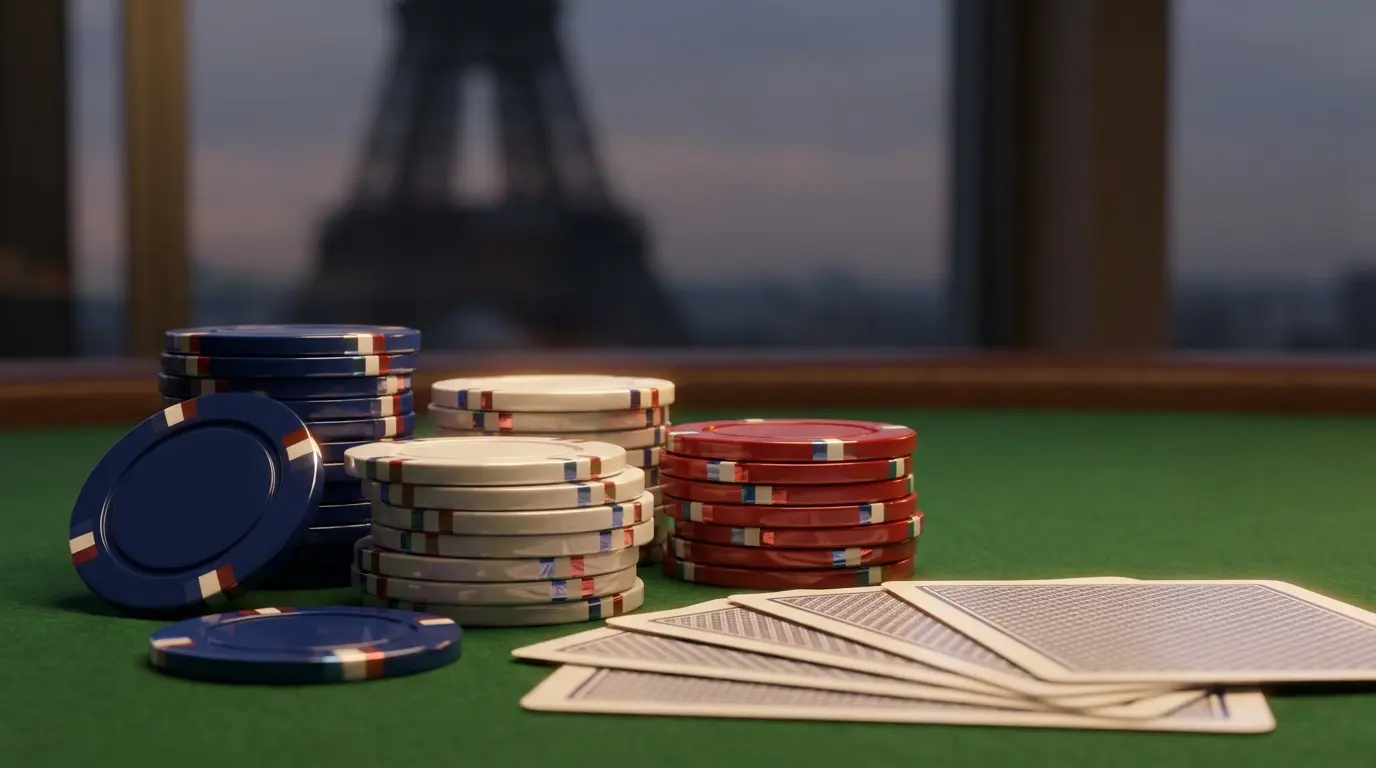 Jetons de casino et cartes sur table avec couleurs françaises