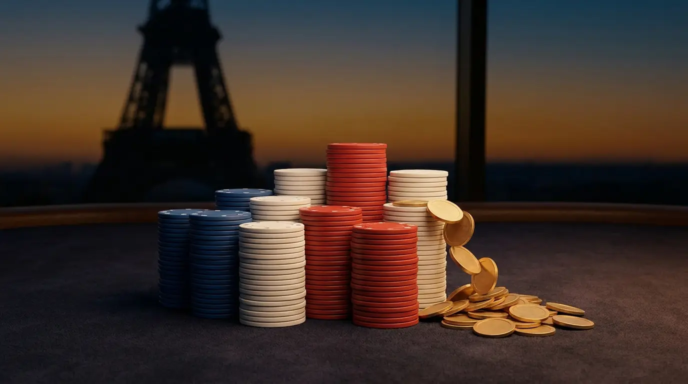 Jetons de casino empilés avec pièces dorées et Tour Eiffel