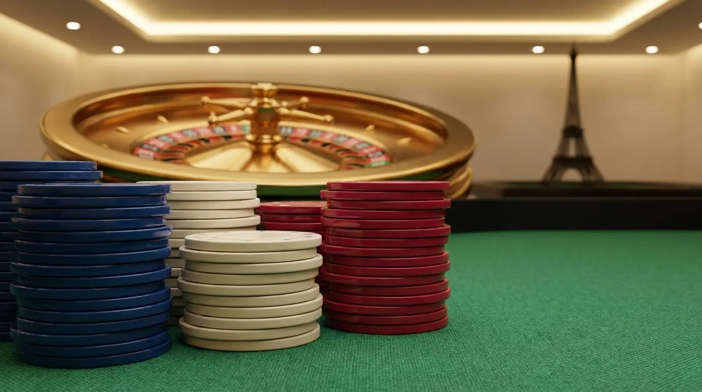 Jetons de casino aux couleurs françaises sur table de jeu