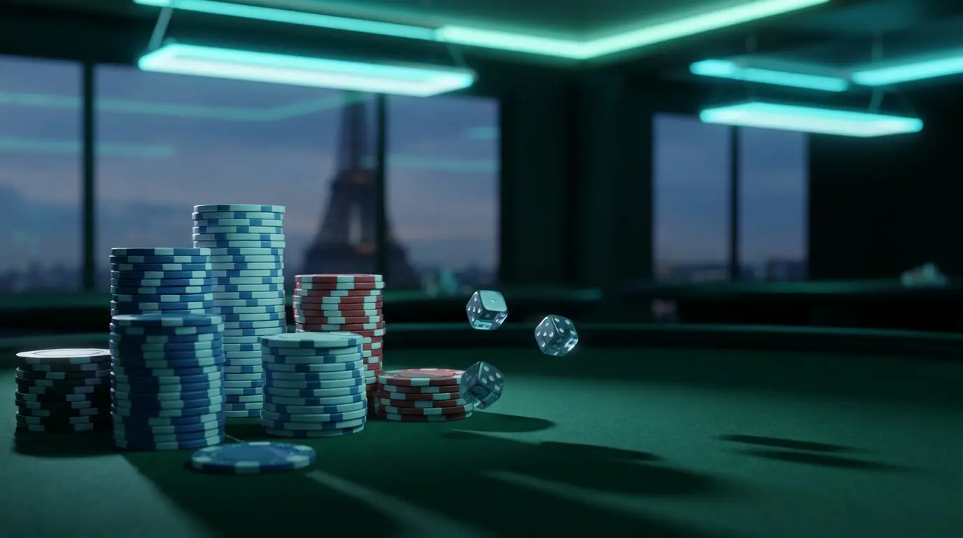 Jetons de casino français avec dés et Tour Eiffel en arrière-plan