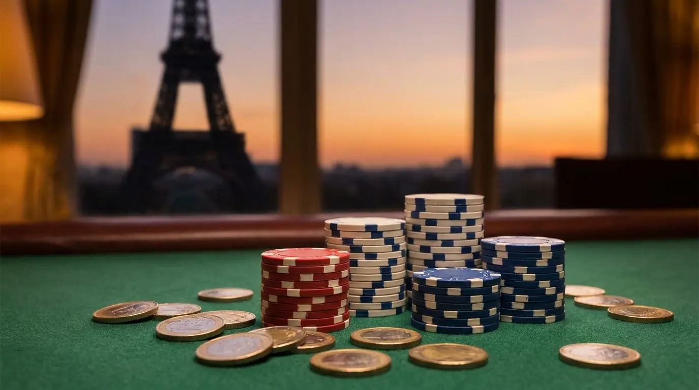 Jetons de casino avec pièces en euros sur table de jeu française