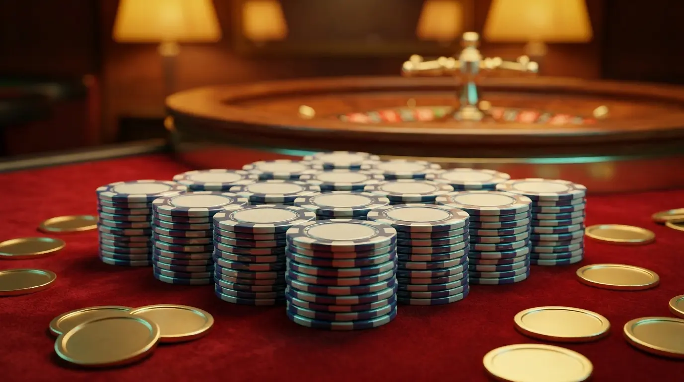 Jetons de casino et pièces dorées sur feutre rouge élégant