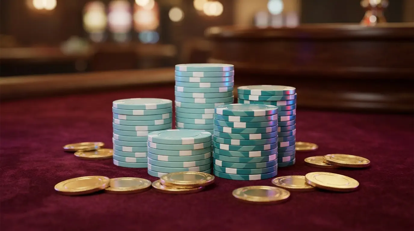 Jetons de casino et pièces dorées sur velours rouge