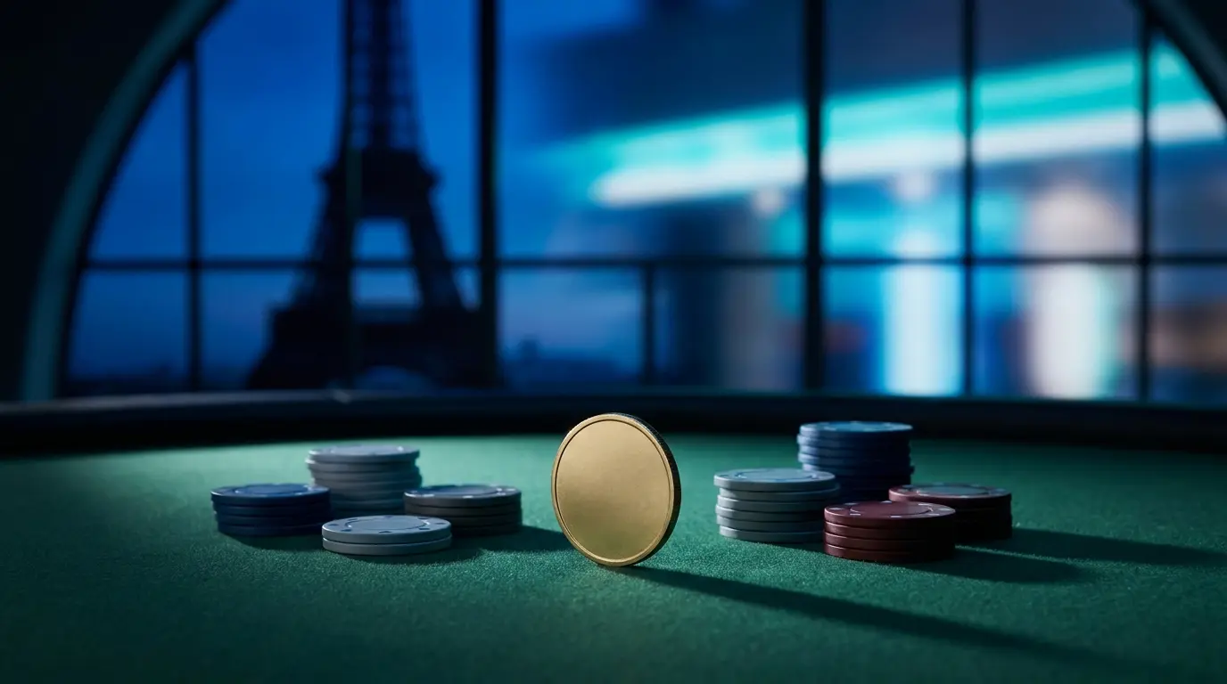 Jetons et pièce avec Tour Eiffel en arrière-plan