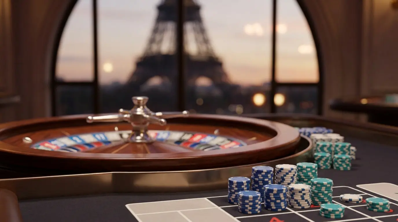 Roulette de casino avec jetons et Tour Eiffel en arrière-plan