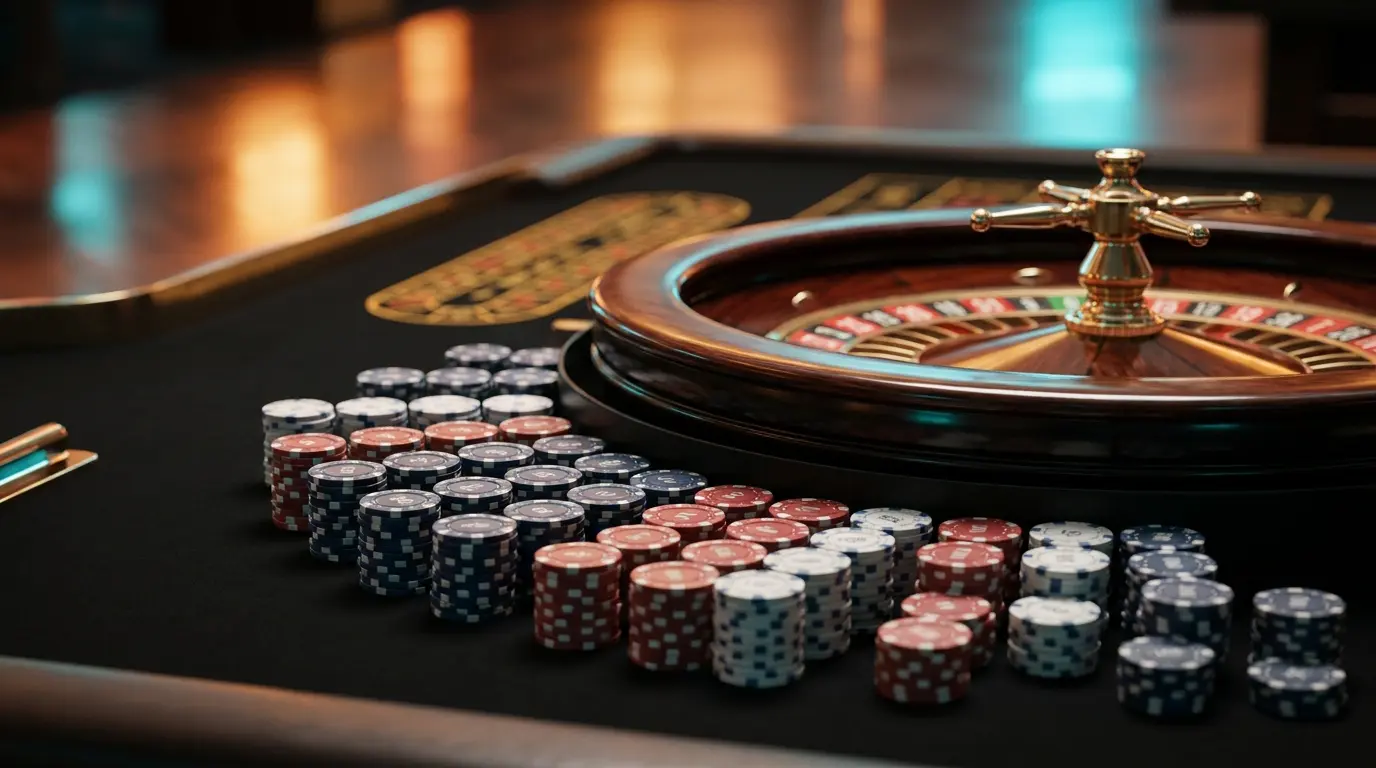 Table de roulette avec jetons de casino aux couleurs françaises