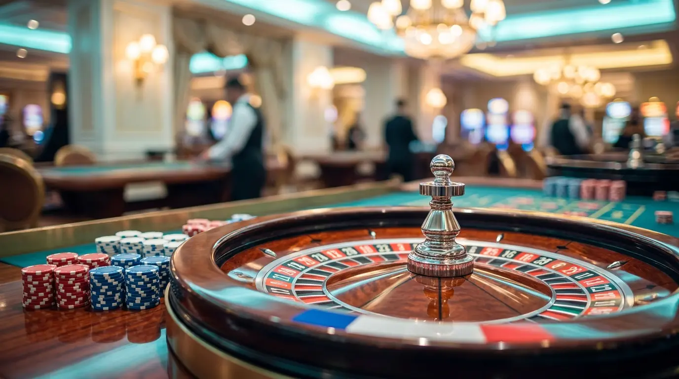 Roulette et jetons de casino aux couleurs françaises