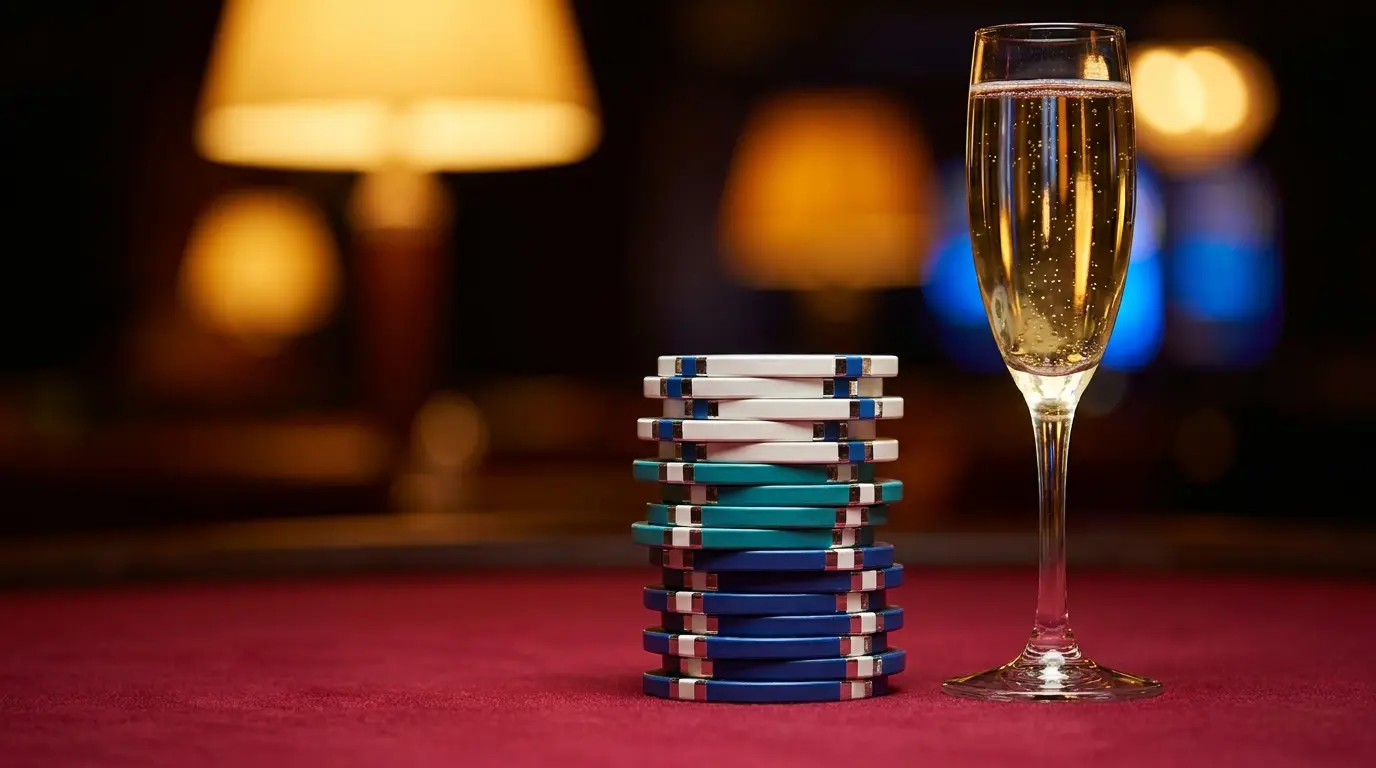 Jetons de casino et champagne sur tapis rouge élégant