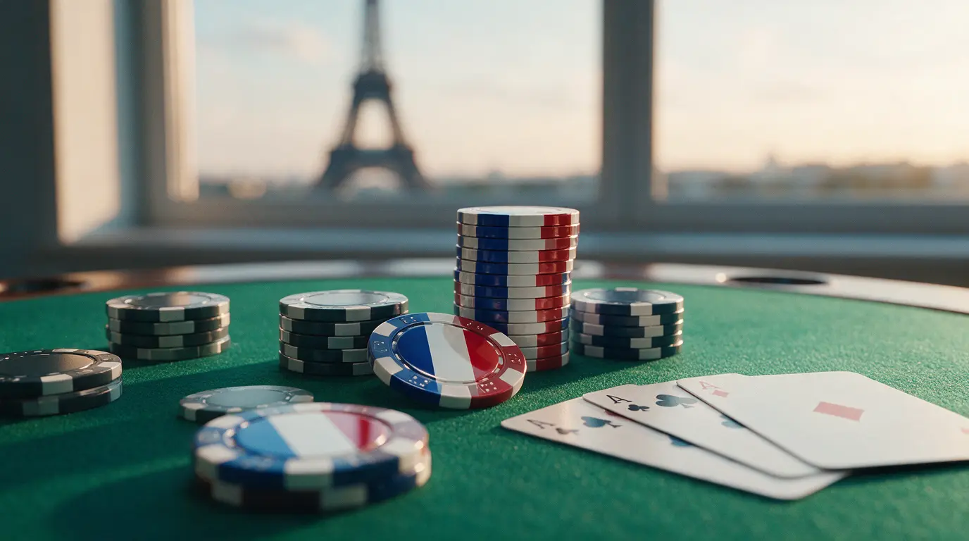 Jetons de poker et cartes sur table avec couleurs françaises