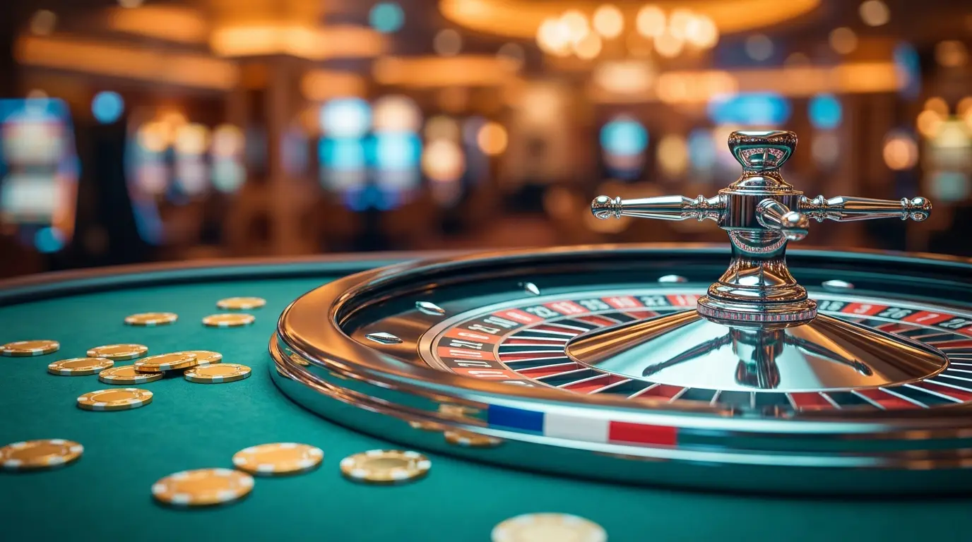 Roulette et jetons dorés sur table de casino française