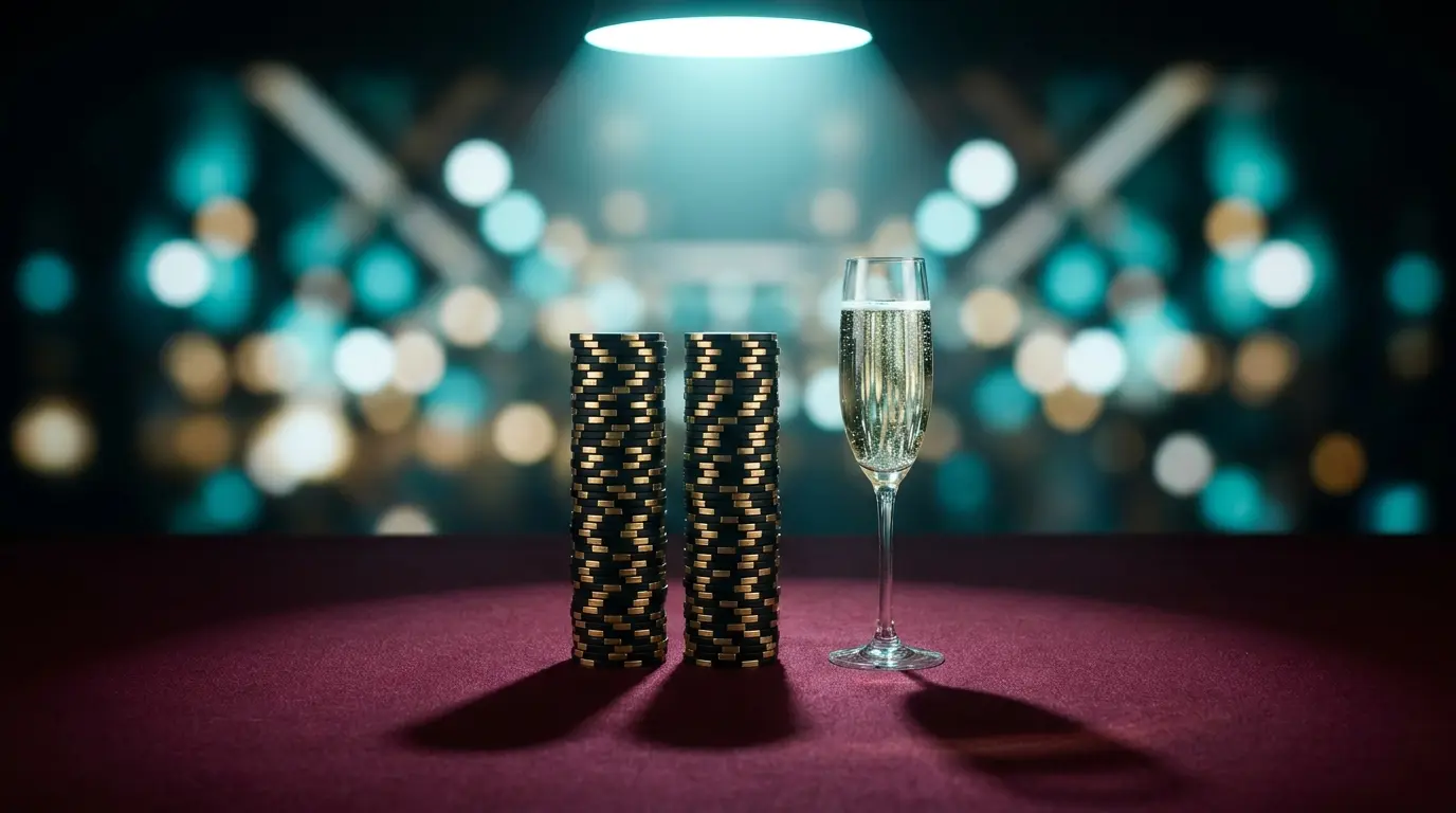 Jetons de casino haut de gamme avec champagne sur feutre