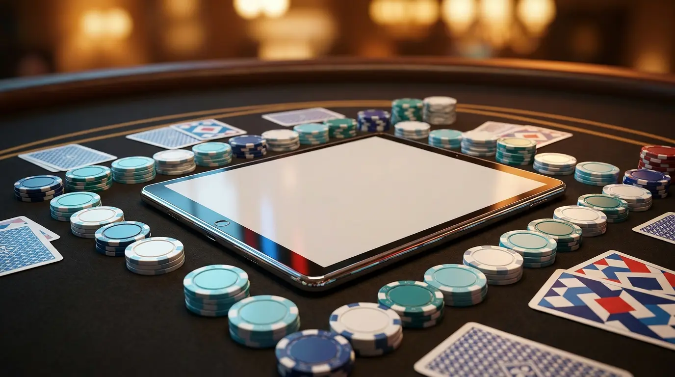 iPad entouré de jetons de casino et cartes sur table de jeu