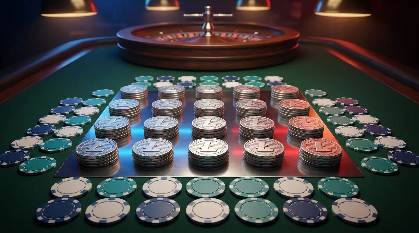 Pièces Litecoin empilées sur table de casino avec jetons