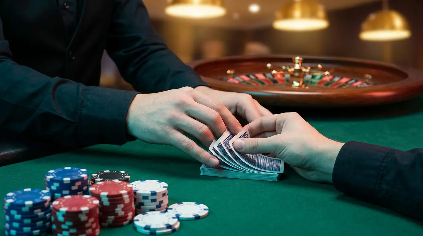 Table de casino en direct avec croupier, jetons et cartes