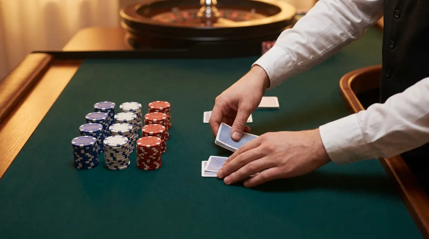 Table de casino en direct avec croupier distribuant des cartes