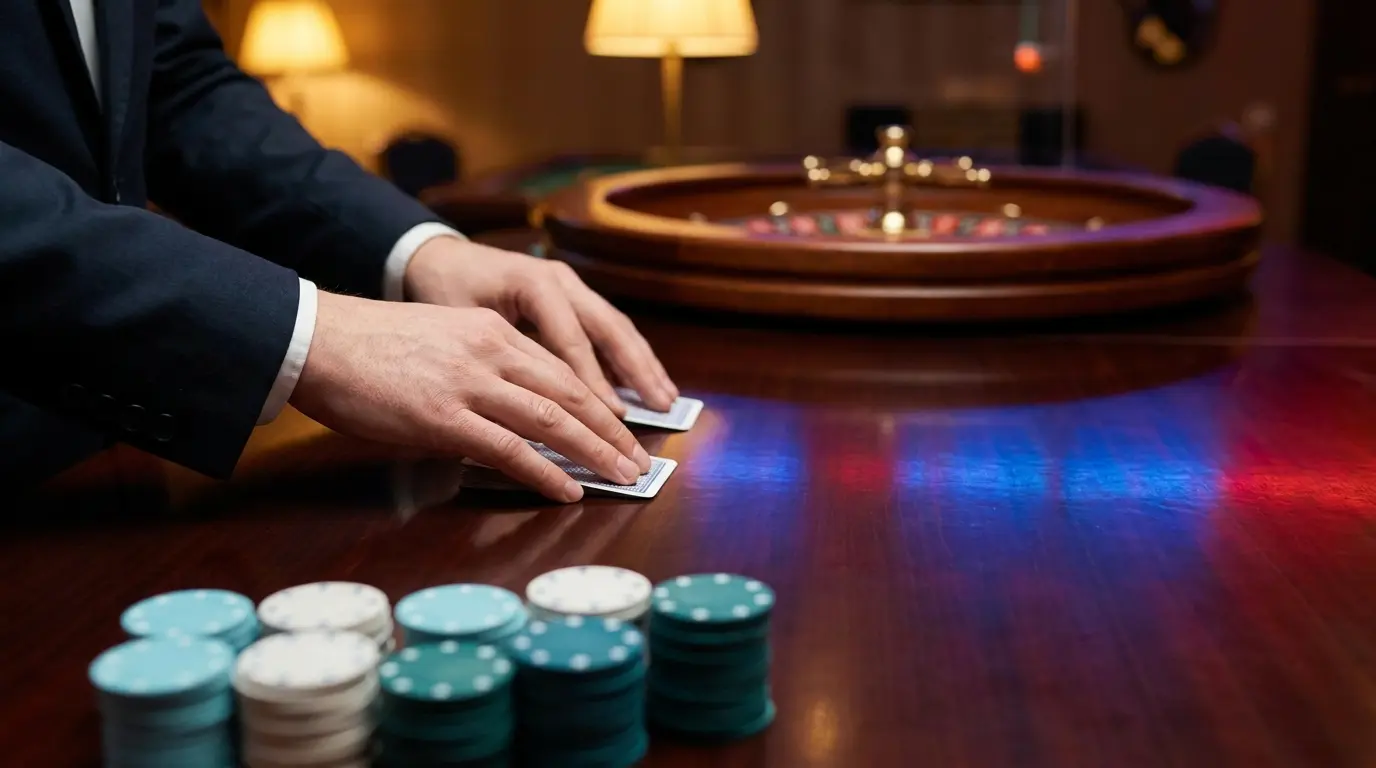 Table de casino en direct avec croupier et jetons