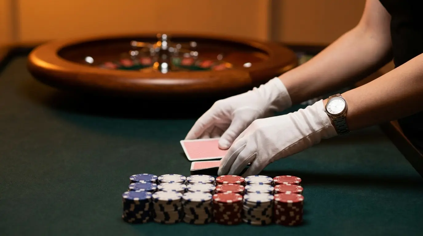 Croupier distribuant des cartes sur table de casino en direct