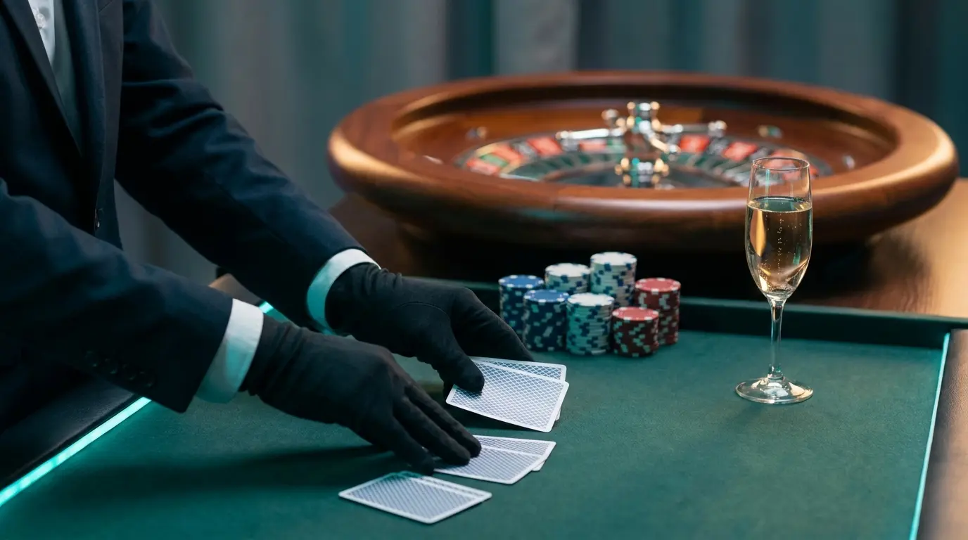 Croupier distribuant des cartes sur table de casino avec roulette