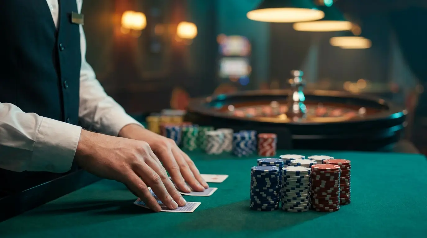 Croupier distribuant des cartes sur table de casino française