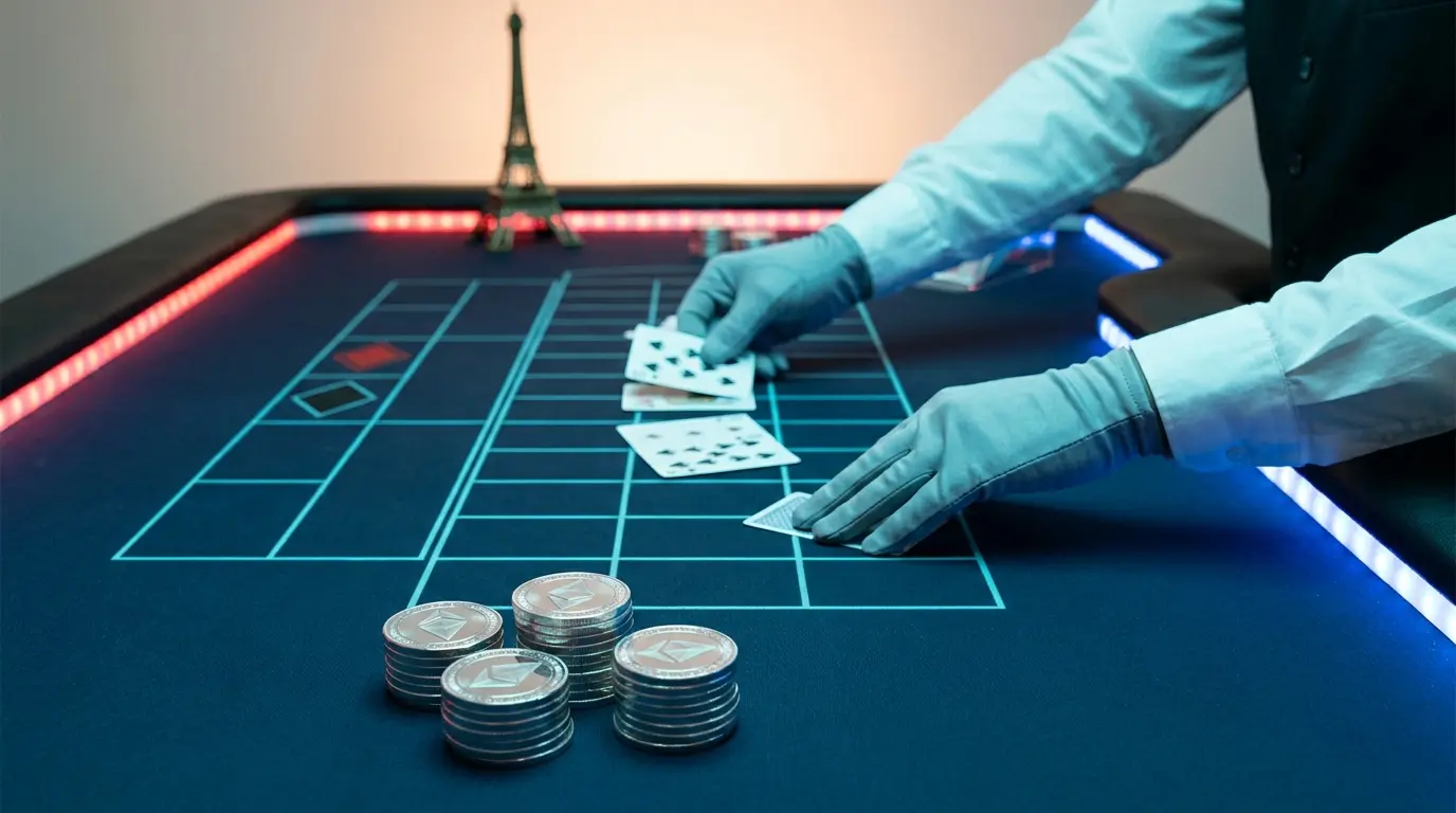 Croupier distribuant cartes avec crypto-monnaies sur table