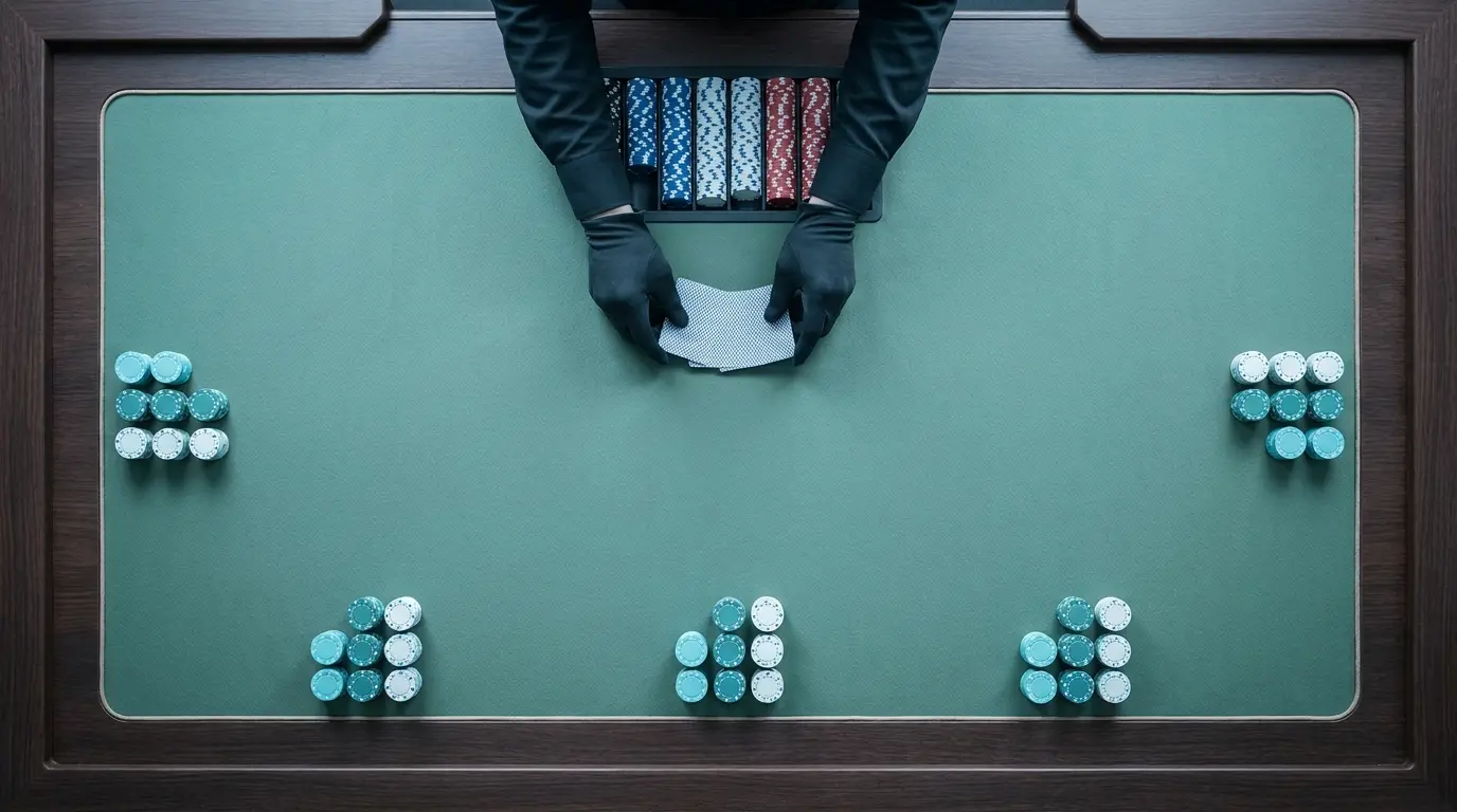 Table de poker en direct avec croupier et jetons aux couleurs françaises