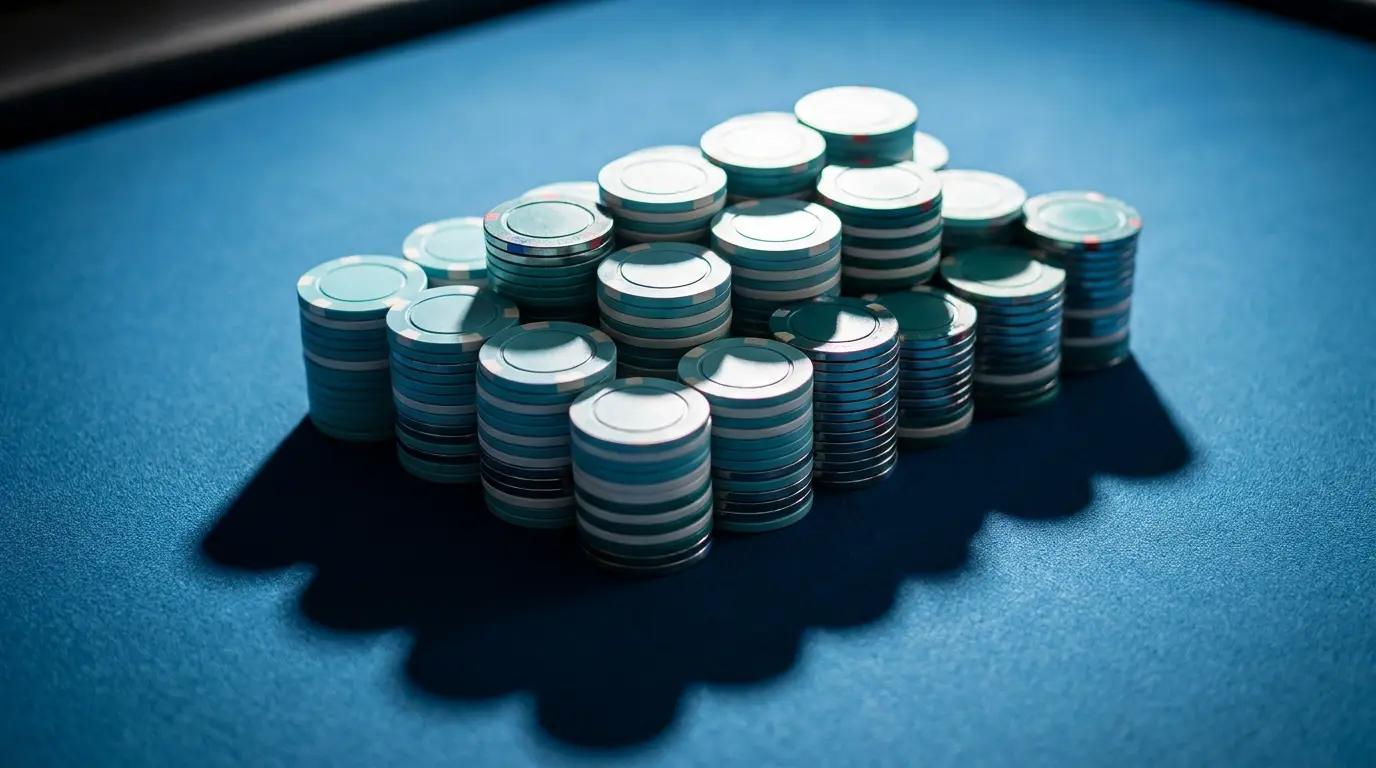 Jetons de casino empilés sur table de jeu avec éclairage dramatique