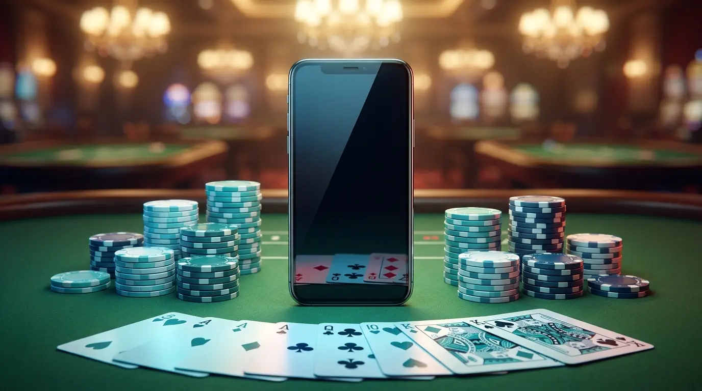 Smartphone et jetons de casino sur table de jeu avec couleurs françaises
