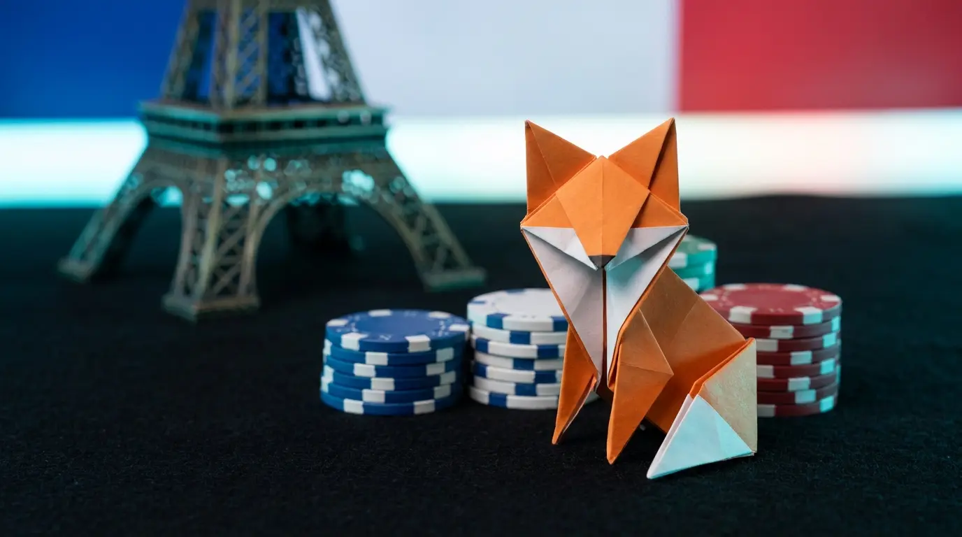 Origami renard Metamask avec jetons de casino et Tour Eiffel